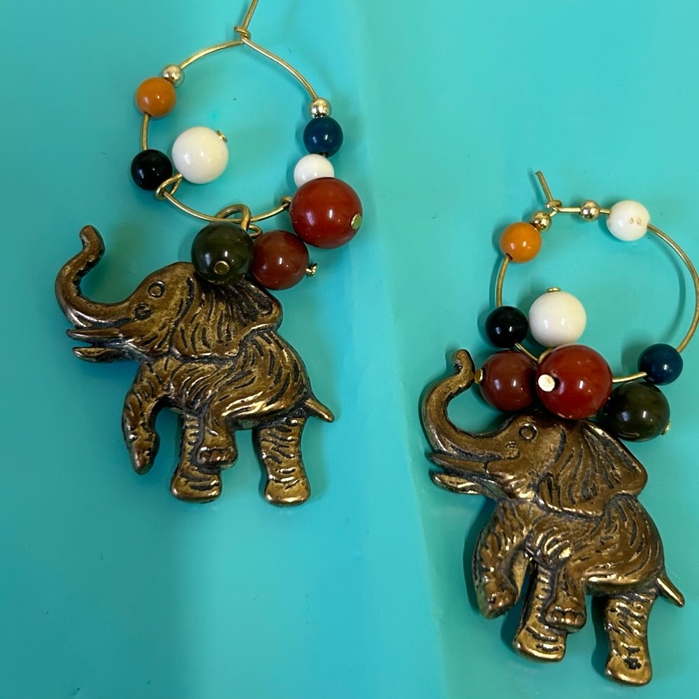 Puffy Gold Tone Elephant Dangle Earrings